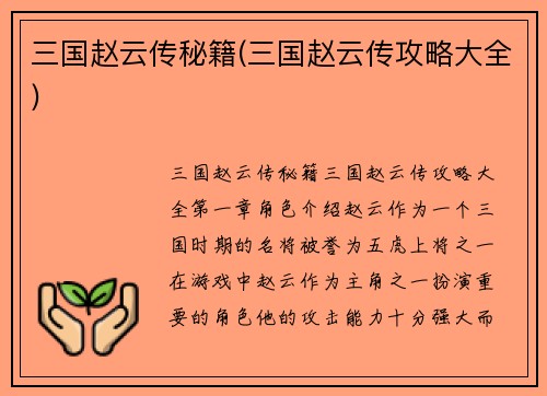 三国赵云传秘籍(三国赵云传攻略大全)